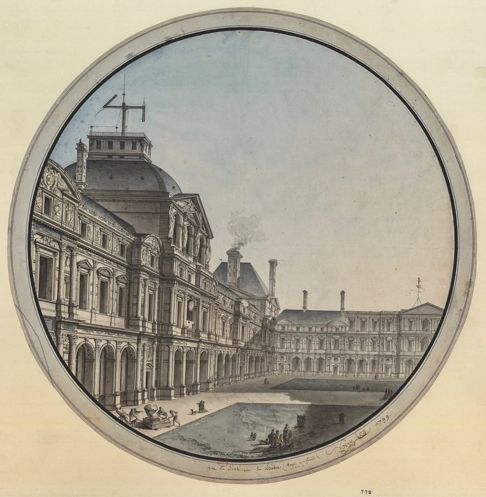 This image is a finely rendered architectural illustration framed in a circular border, depicting the Louvre in Paris. It shows elaborate classical facades with arcades, columns, and ornate stonework, with a few figures are seen strolling or conversing in the courtyard. At the top of one roof is an intriguing mechanical structure with two arms jutting out at 90 degree and 45 degree angles.