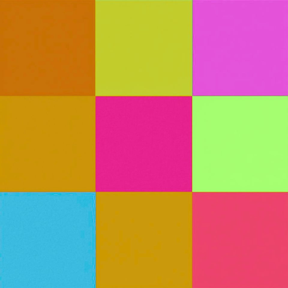 The current 9 Square Press logo. 9 squares of differing colors make up a larger square.