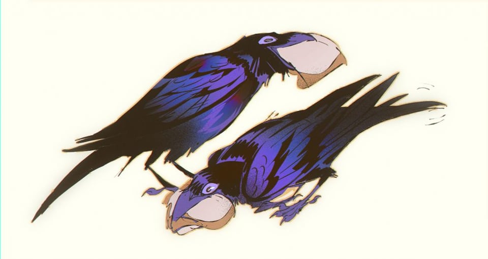 An illustration of two beautiful and expressive crows eating pieces of bread