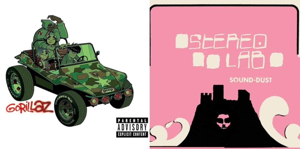 First pic: A cartoon drawing of the band Gorillaz, in a dune buggy, everything tinted green. The dune buggy has a camouflage pattern on it. Second pic: On a pink background is a drawing of the black silhouette of a tall hill with some kind of fortress on top of it. In the middle of the hill is a skull like face, as if "cut out" of the picture -- the negative space is pink, like the background. White shapes like big waves crash on each side of the hill.