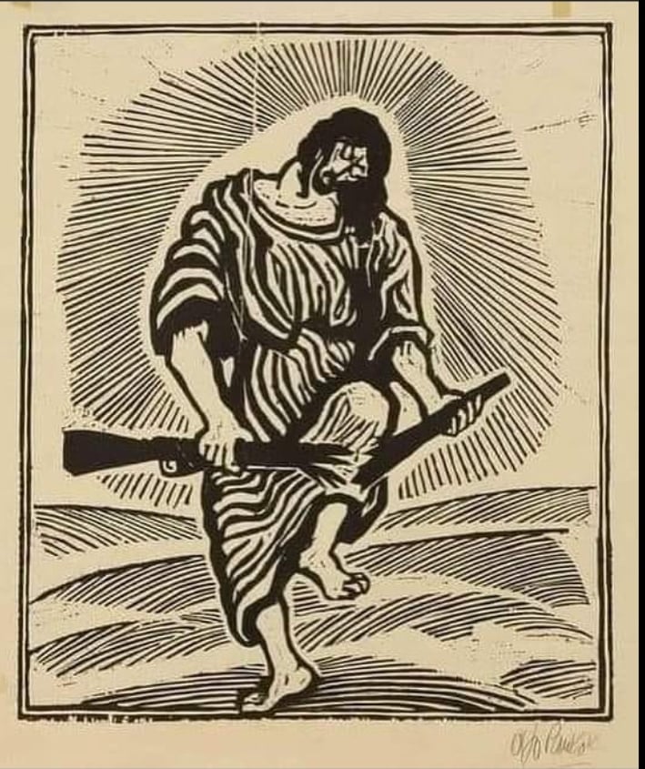 Esta é uma xilogravura de Otto Pankok que mostra uma figura de Jesus, com túnica listrada e auréola radiante em volta de todo seu corpo, em um gesto vigoroso de quebrar um fuzil sobre o joelho. Ele está posicionado no centro, sobre um solo ondulado, e a imagem utiliza traços fortes e contrastantes para transmitir uma mensagem de pacifismo e resistência à violência.