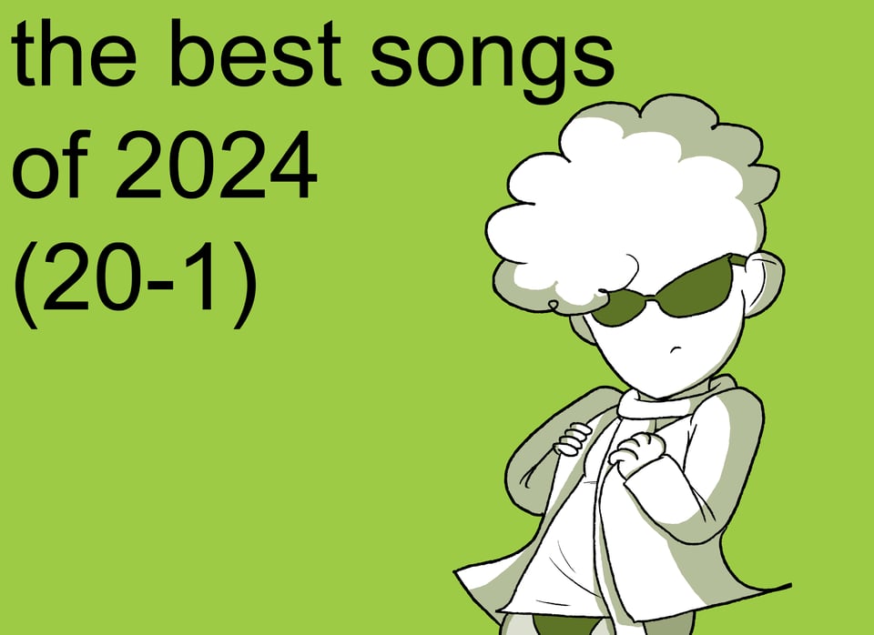 Alt Text: A drawing of me wearing sunglasses, a jacket, a scarf, a blouse, and barely visible leg mesh over a pair of underwear. The background is a lime green with text in the top left corner that says,