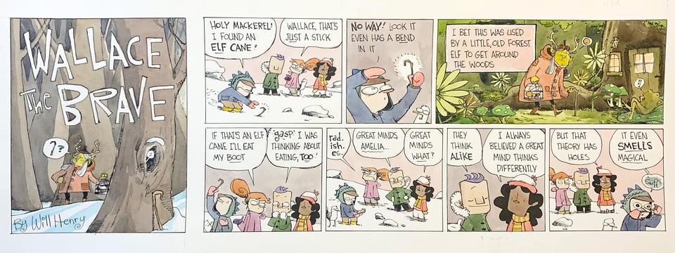 Sunday installment of comic strip “Wallace the Brave” showing four children wandering the woods looking for elves.