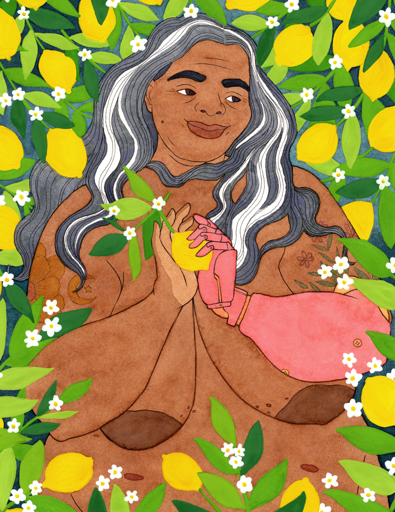 A gouache and watercolor painting with a bit of inked line art of an older, fat, Brown woman with a white streak in her gray hair as she lifts up a lemon with its stem to her chest. Her left hand is a red prosthetic arm. She smiles sweetly at something in the distance, surrounded by lush lemons all around her.