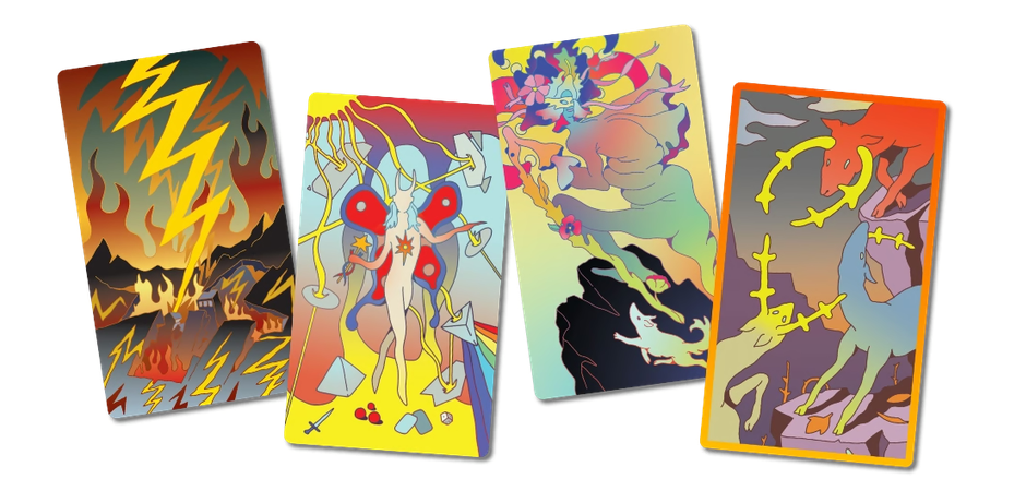 images of the tower, magician, fool and five of wands cards