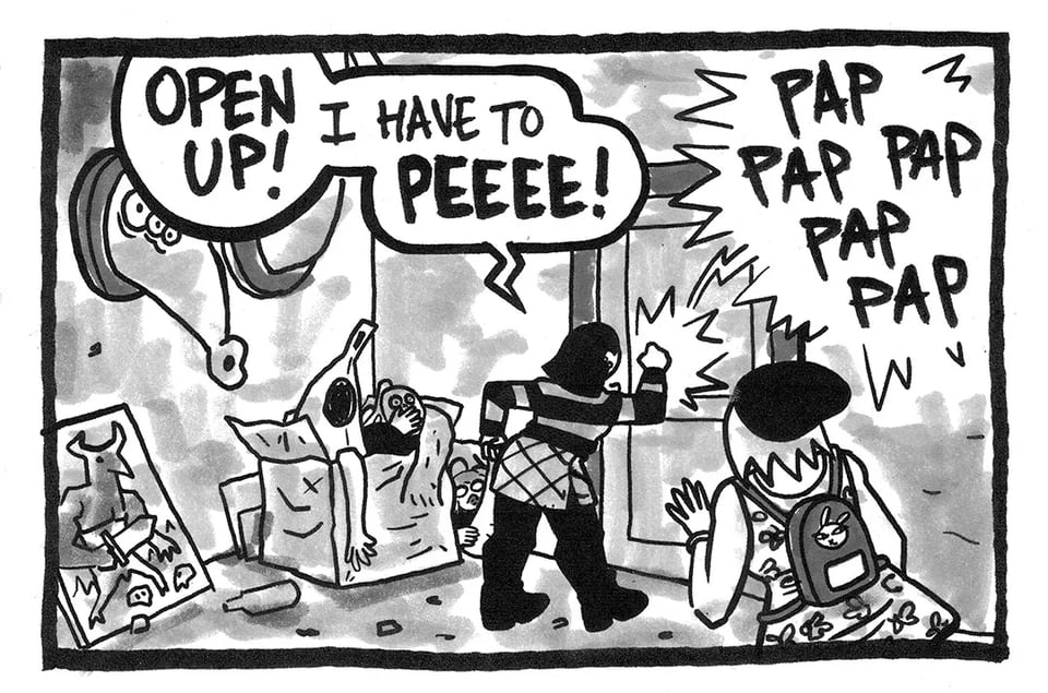A panel from NO RACCOONS IN HELL. A young woman is pounding on a door yelling "OPEN UP! I have to PEEEE!" There's another young woman in the foreground. Tori and Val are hiding nearby in and behind a box of costumes.