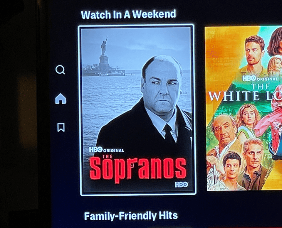 A screen capture of an icon for the TV show Soparanos under the words Watch in a Weekend