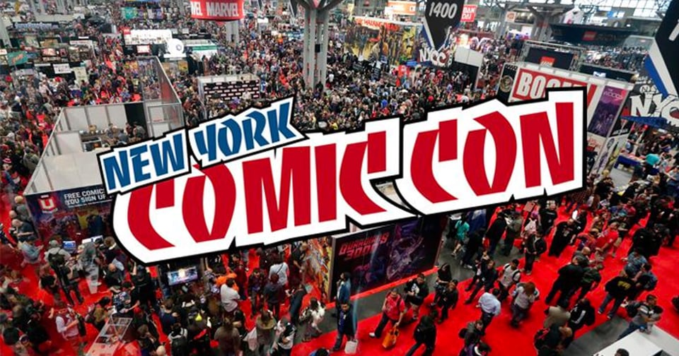 the new york comic con logo over a picture of the convention floor at the jacob javits center