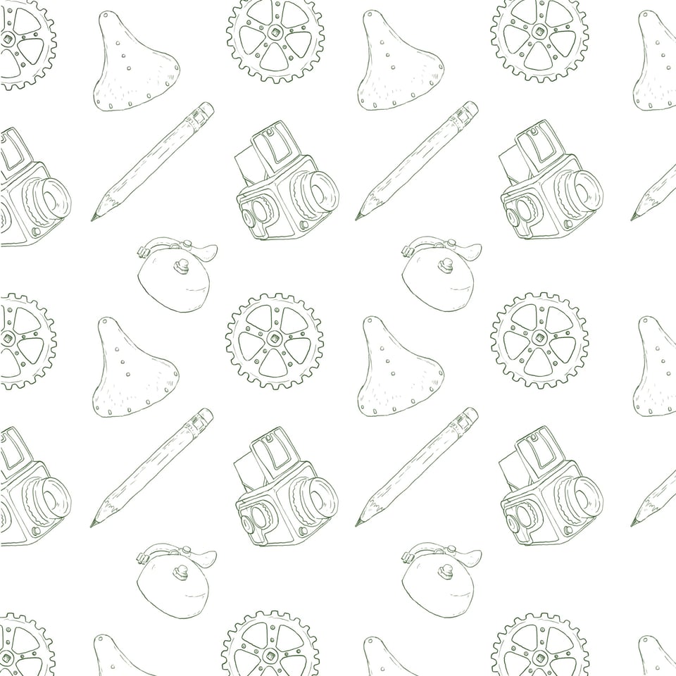Image of repeating pattern of objects in green line drawings, for the endpapers of the Bicycle Sentences hard bound book