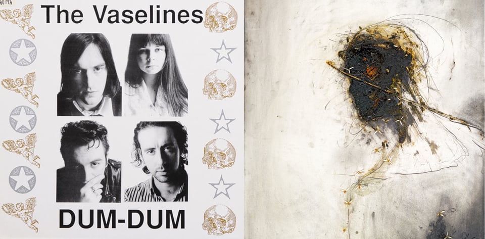 First pic: In the middle is a grid of four rectangles, each one with a headshot of a member of the band. They're all white guys except for a dark haired woman in the upper right. Along the left side, going down horizontally, are alternating pictures of a flying cherub and a star within a circle. Along the right side, going down horizontally, are alternating pictures of a half-skull and a simple star shape. Second pic: A really terrific mixed media portrait of (I presume) Jesus. On a white background with lots of dark smears (from coal?), is the outline of a figure, from the back up. The figure is turned away from us at an angle, but we get their profile. There are no details to the face; instead, the paper where the face has been outlined is black from ink, paint, coal, and maybe even burned a little bit. One spot where an eye would be is blot of red, probably paint but I'm not sure. There are tiny bits of flowers on the outline of the figure. There is a stick laid across the face of the figure that goes across their back as well. This could represent a whip, or possibly a crown of thorns? It's incredibly striking.