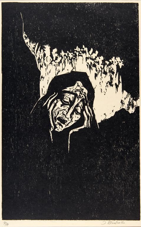 black and white drawing of a woman, her face disfigured with anguish