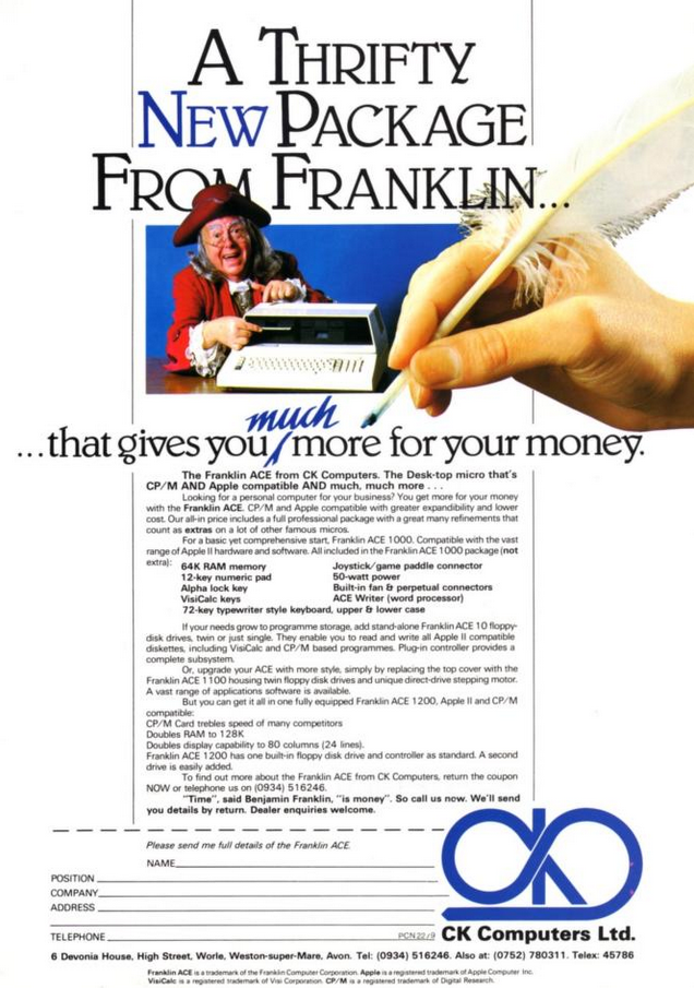 A Benjamin Franklin impersonator sitting at a desk pointing at an ACE 1200 computer. The headline reads "A thrifty new package from Franklin that gives you much more for your money."