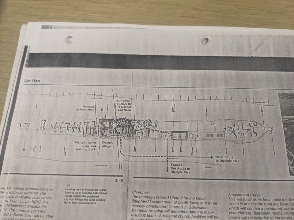 A plan diagram of the proposed Olympic Village at Southpoint, Roosevelt Island