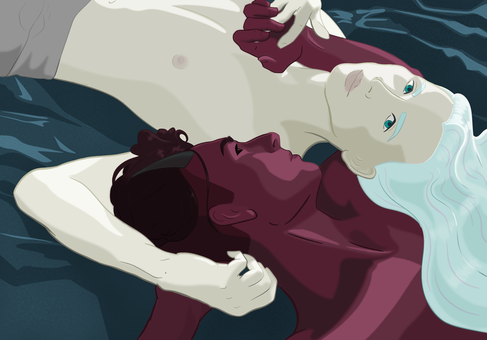Remiel and Malcifer lie on a bed next to each other, feet facing opposite directions. Their head's rest on each other's shoulders, and Remiel's hair spreads across Malcifer's chest. Their hands rest together in a tender embrace.