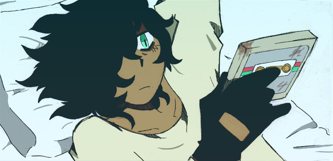 cartoon drawing of a dark-skinned, dark-haired and green-eyed character in their bed, holding a retro cassette tape and looking at it