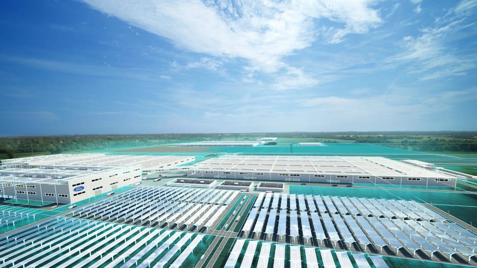 A render of Blue Oval City, a gigantic Ford manufacturing facility with a big solar panel plant that Ford is building in Tennessee