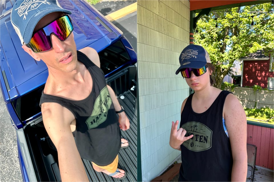 side-by-side photos of me and one of my teenage children wearing the same Hang Ten tank top and souvenir trucker hat and iridescent wraparound sunglasses