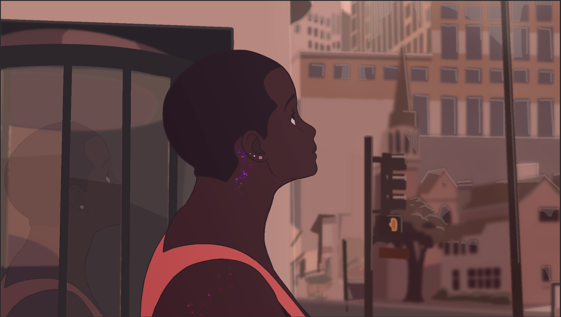 A still from the Secondhand Origin Stories animated trailer depicting Opal in profile against a city street.