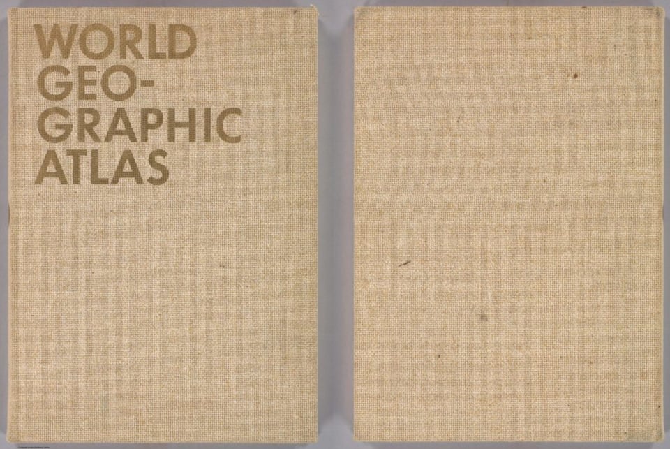 Burlap-wrapped hardcover of the ‘World Geo-graphic Atlas’