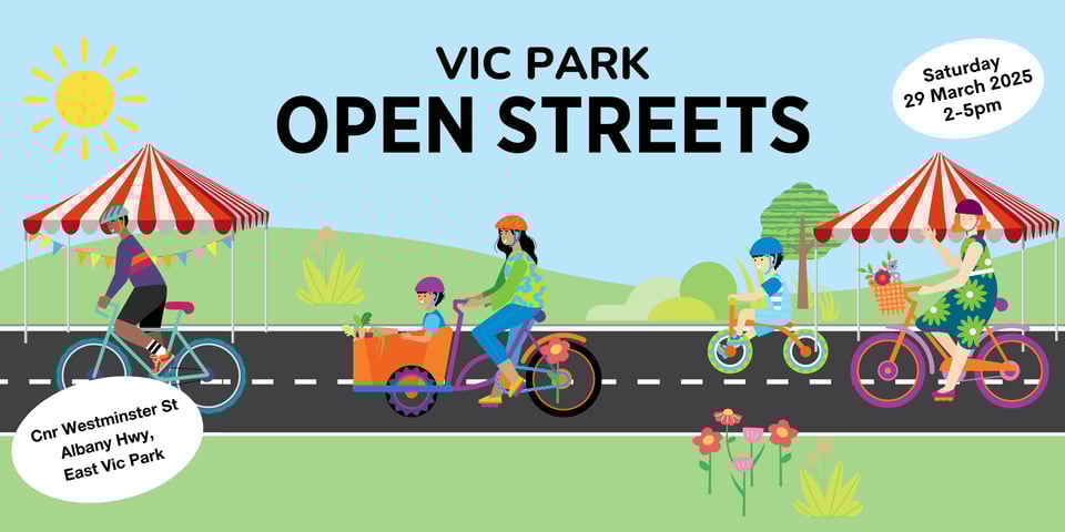 Image of people on bikes with 'Cnr Westminster St, Albany Hwy' and 'Saturday 29 March 2-5pm' in text