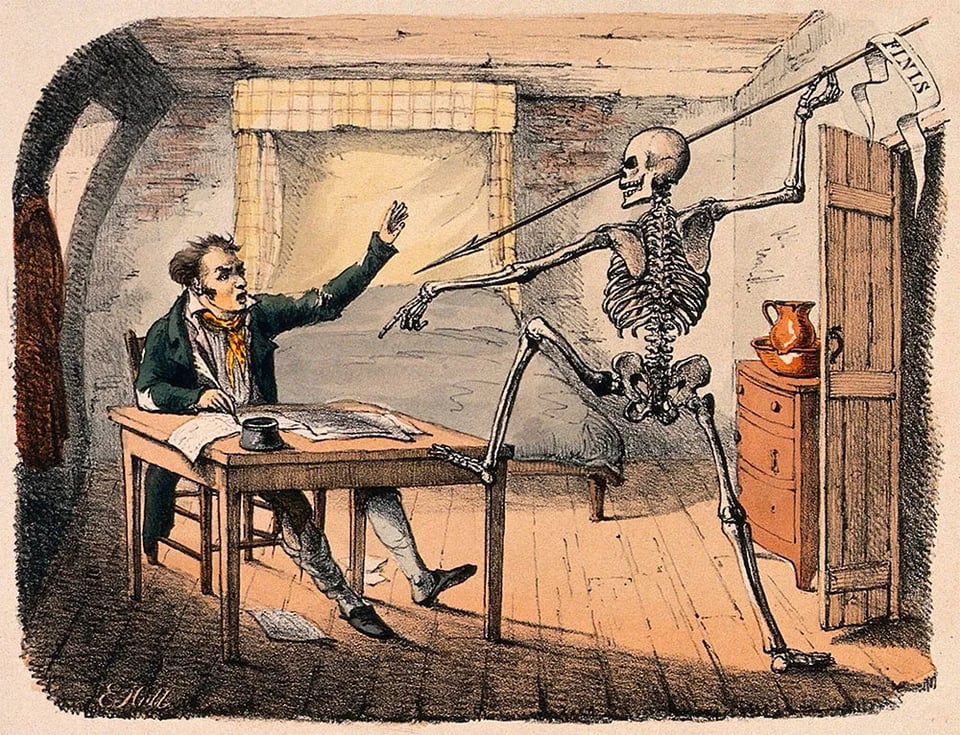 Death found an author writing his life, but he let him write no further; for death who strikes whenever he likes, is jealous of all self-murther. Designed & done on stone by E. Hull.