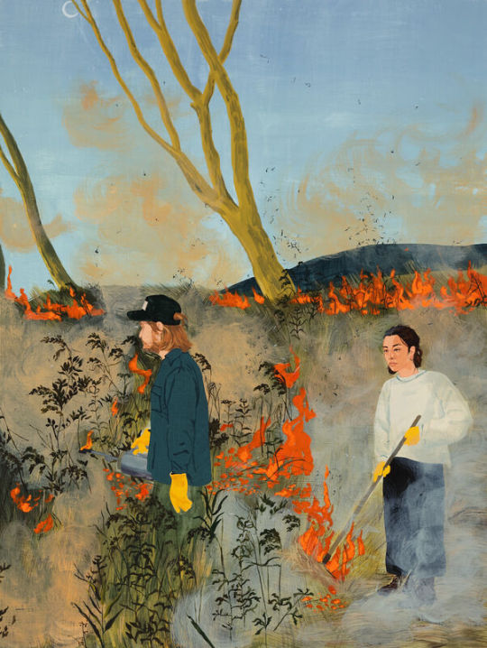 A painting of two people standing in a thin burning forest. By Dianna Settles, titled Meadows of flame leap. More light for the Understory.