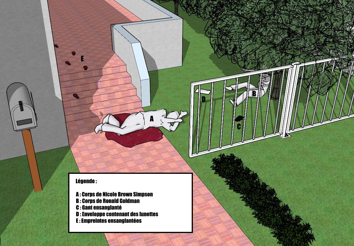 Representation of the crime scene.A. Nicole Brown SimpsonB. Ron GoldmanC. XL Bloomingdales Aris 70263 light leather bloodied left hand brown gloveD. Spectacles in envelopeE. Size 12 Bruno Magli Lorenz