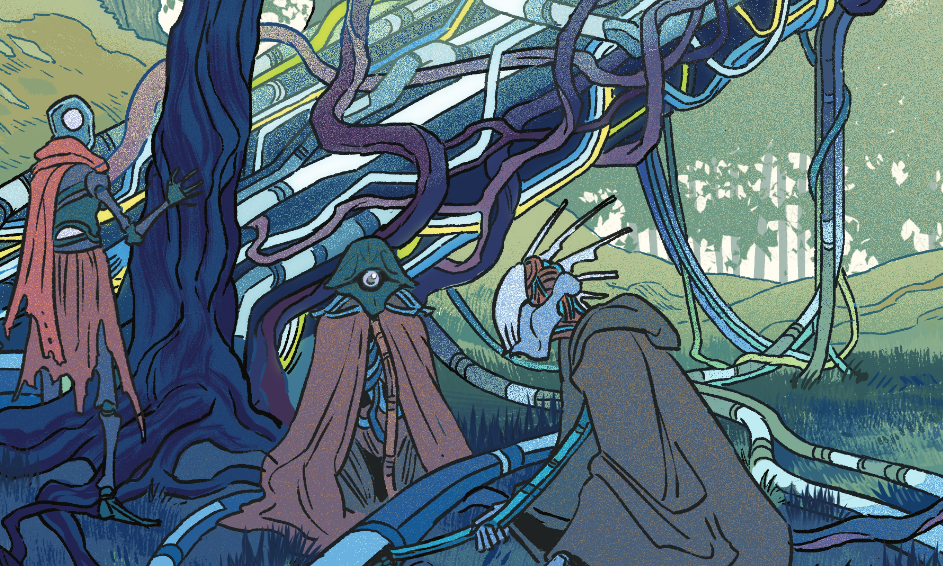 In the background is a tree enveloped in wires and other technological materials. Robotic humanoids investigate some of the thick cables hanging from the tech-infested tree.