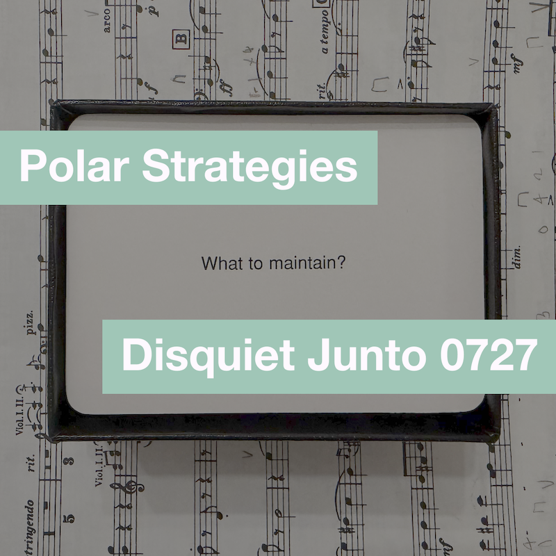 This shows an open box of Oblique Strategies cards on top of some sheet music, plus the name and number of the project