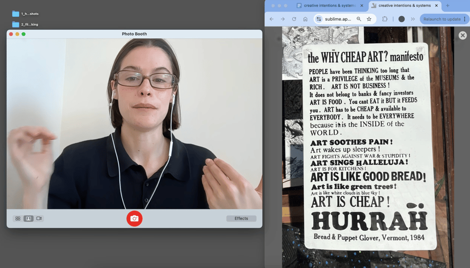 A screengrab from YouTube. A video window on the left with a woman presenting to the screen and an art manifesto poster to the right
