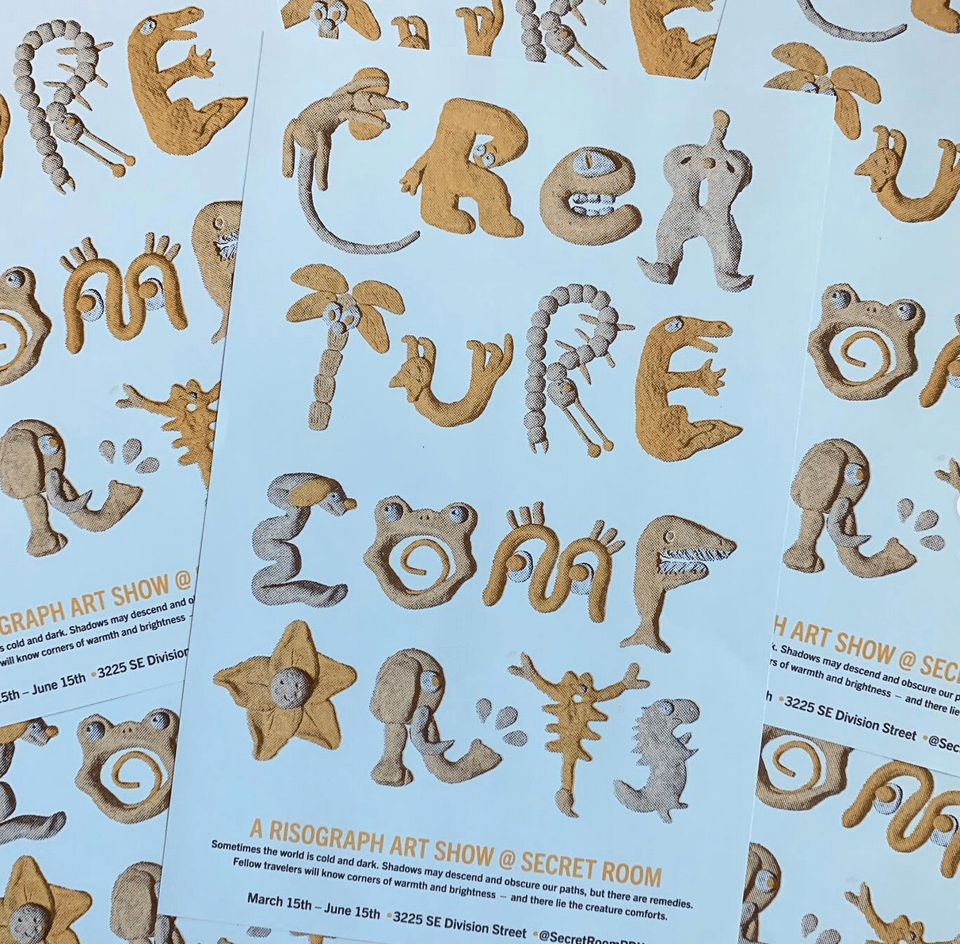 a show poster featuring anthropomorphic lettering on a light blue background