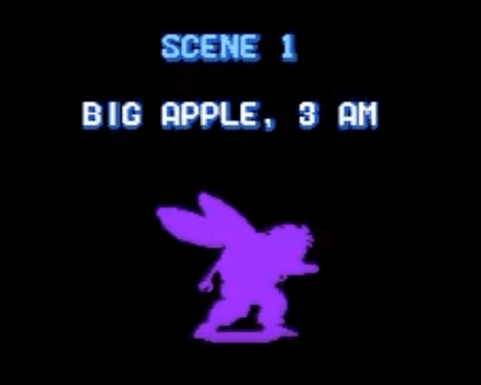 A screenshot from the Ninja Turtles arcade game reading BIG APPLE, 3 AM