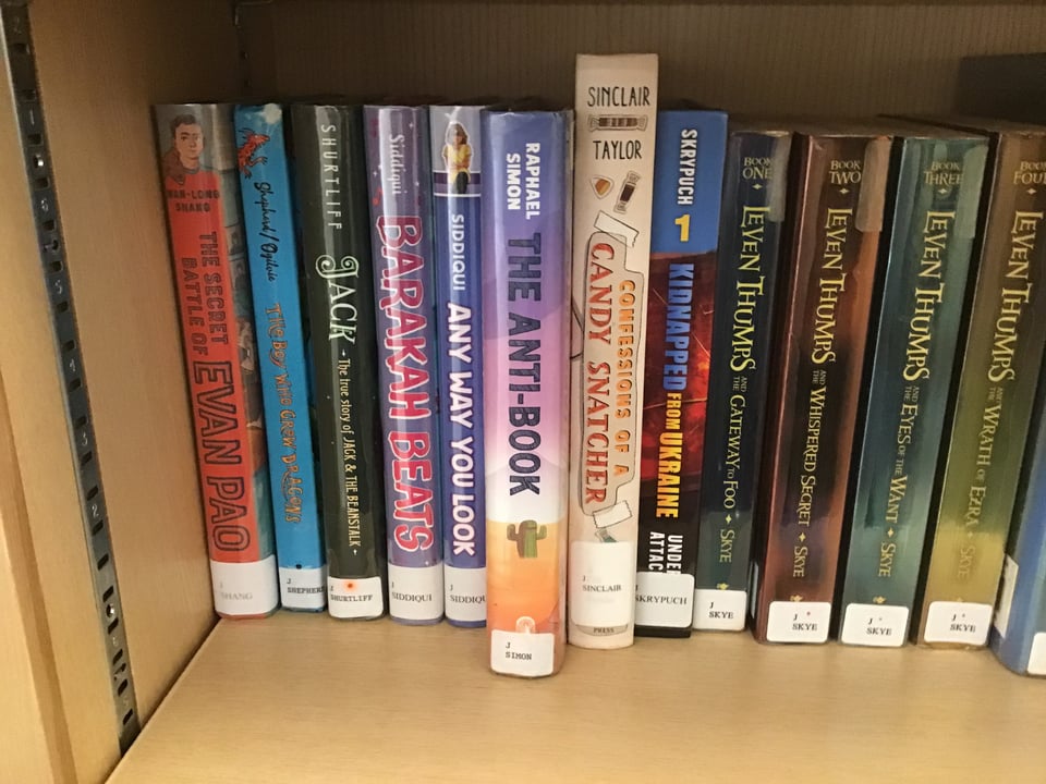 Books on a library shelf in the youth department.