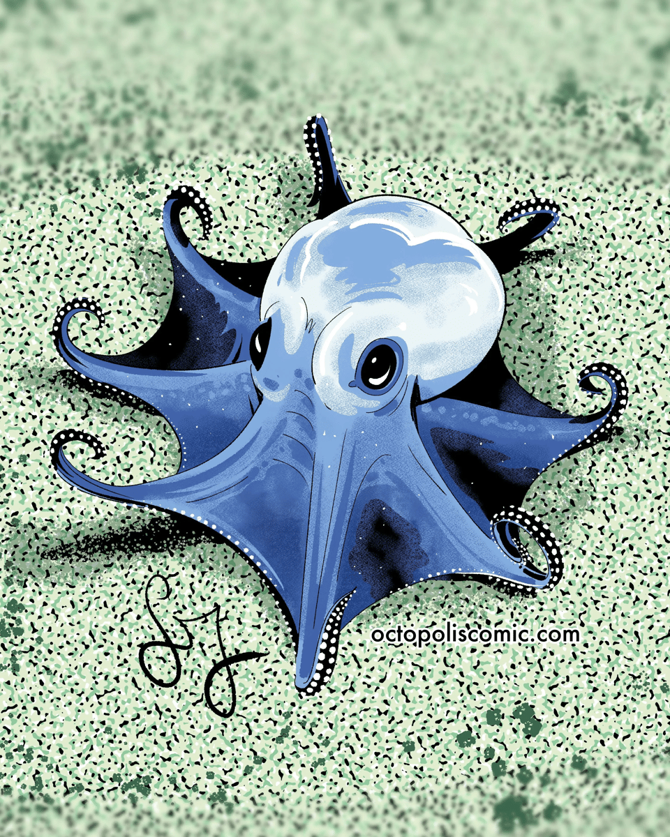 A beautiful digital artwork of a little blue octopus in a very dynamic pose, all arms extended and curled up at the tips.