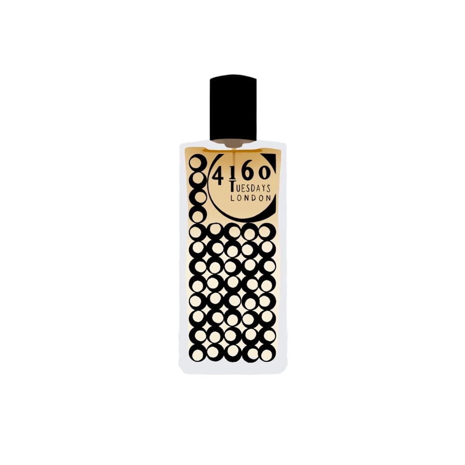 An illustration by Imogen Oakes of a glass bottle of perfume called A Walk in the Forest by 4160 Tuesdays.