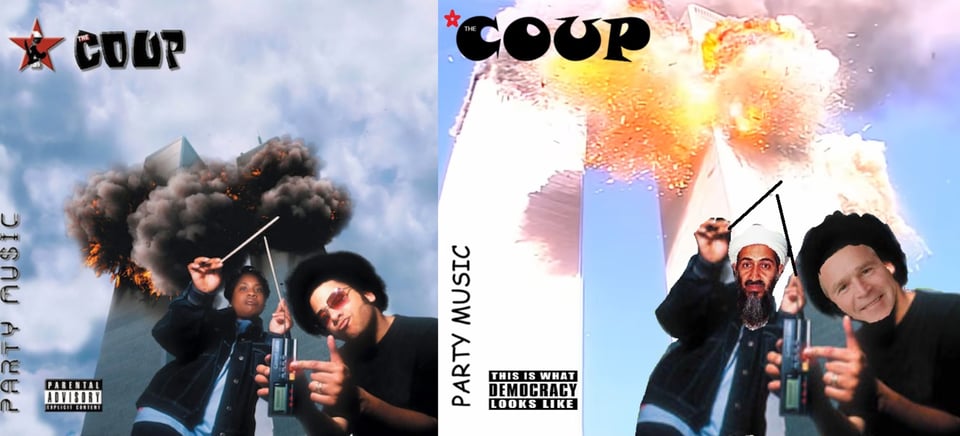 A low angle picture of the World Trade Center towers exploding from the middle of the buildings, big black clouds and red-orange fires. It looks *incredibly* similar to how it looked when the planes hit it. At the bottom are a Black woman and Black man, Pam the Funkstress and Boots Riley, as if on the ground in front of it. Riley, with a knowing look, is pressing a button on an electronic tuner, suggesting he set off the explosives. Behind him Pam the Funkstress is holding two sticks, one in each hand. I'm unsure what the sticks are.