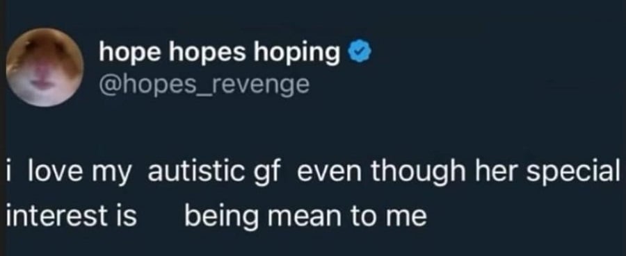 Twitter screenshot from @hopes_revenge. "i love my autistic gf even though her special interest is being mean to me.