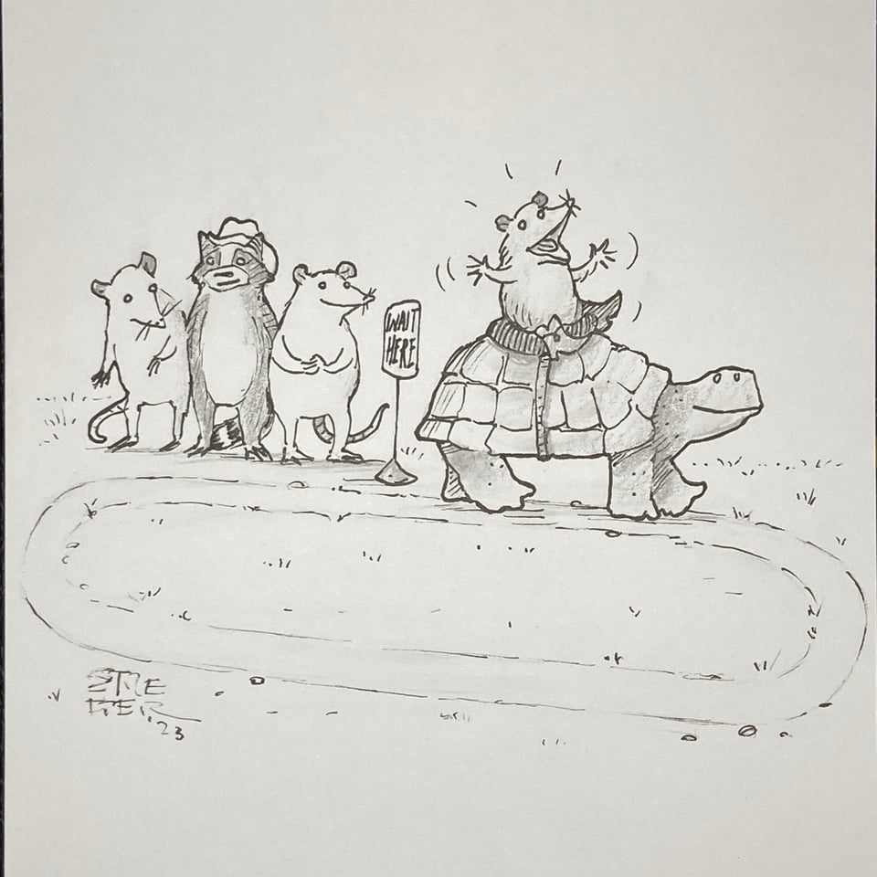 Drawing of a possum riding on the back of a turtle while other animal friends wait their turn