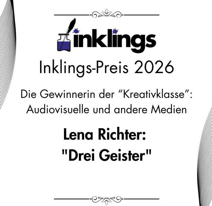 Eine Grafik, auf der Lena mit "Drei Geister" als Gewinnerin der Kreativklasse des Inklings-Preises 2026 verkündet wird.