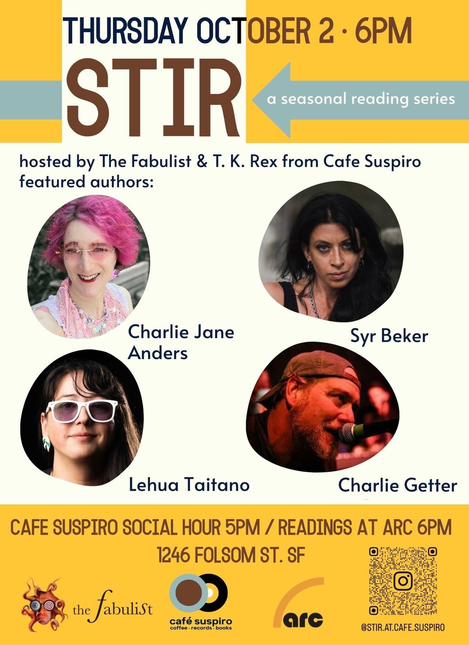 The poster for Stir! It has the details mentioned below, plus headshots of the four people reading: Charlie Jane Anders with a joyful smile and lots of pink, Syr Beker in black with don-fuck-with-me eyeliner, Lehua Taitano in white-rimmed shades and tropical earrings, and Charlie Getter at the mic with a backwards baseball cap.
