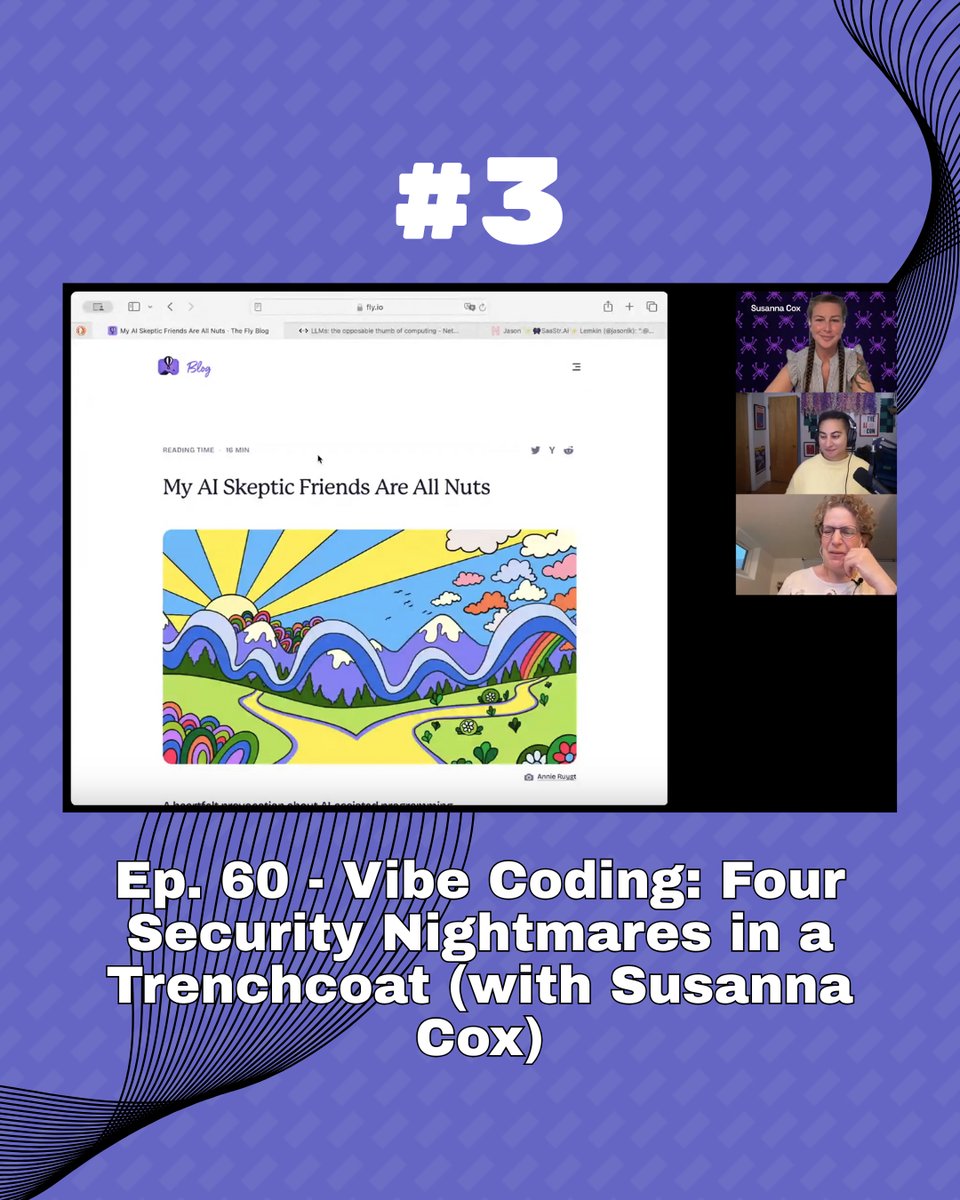 Graphic with a screen cap of the video from episode 60, showing photos of Cox, Hanna and Bender along the right edge and the artifact we are reacting to to the left: a blog post with the headline "My AI Skpetic Friends Are All Nuts". The blog post is illustrated with a bright, cartoony image of a yellow path through a green lawn or grassland diverging in two, with the left branch heading towards a sunrise behind snow-capped mountains and the right branch towards a rainbow under pink, lilac and white clouds. Above is text reading #3 and below is the episode title (same as in the image caption). All of this is against a purple patterned background with a ribbon of black lines through it.