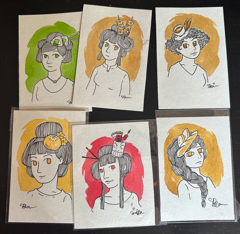 Six watercolor paintings of women with fascinator hats made from various food items