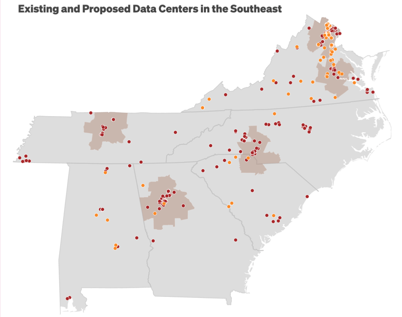 A map of Virginia, North Carolina, South Carolina, Georgia, Alabama, Mississippi, and Tennesse with dozens of red dots and orange dots scattered across the states. The heading is "Existing and Proposed Data Centers in the Southeast."