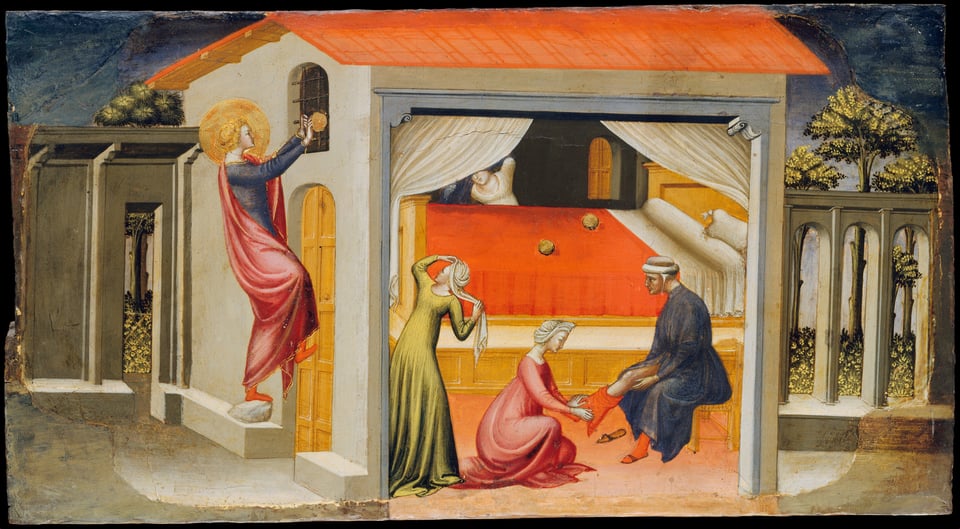 In the top scene, Saint Nicholas, Bishop of Myra (270–343)—the original "Saint Nick"—is shown throwing three balls of gold through a window, providing the dowry of three poverty-stricken maidens. In the other painting he resuscitates three youths who had been pickled by an innkeeper during a famine (a story treated by Benjamin Britten in his 1948 cantata, Saint Nicholas). The panels formed the base (predella) of an altarpiece painted between 1433 and 1435 for a monastery in Florence. Their design was based on an altarpiece by Gentile da Fabriano of 1425.
