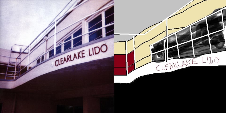 A color photograph of the outside of a building that has deck on the second floor in front of a line of windows. Underneath the deck, the open area extends back into shadow, below the rooms on the second floor with the windows.