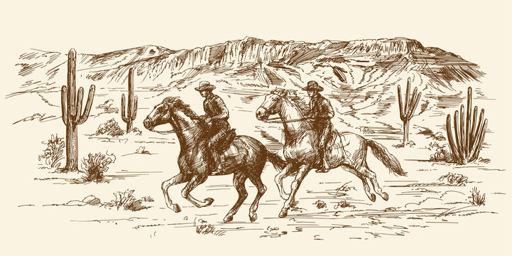 Two men on horses ride across a Wild West landscape.