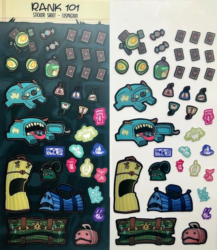 A sticker sheet of the collectables from Psychonauts. It is displayed both with the dark blue background it comes with and with the background removed to better display the stickers.