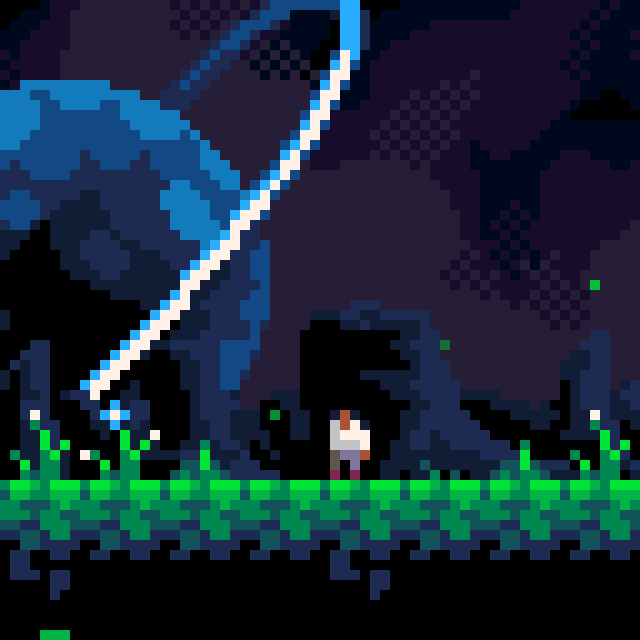 A pixelated character looking at a big planet.