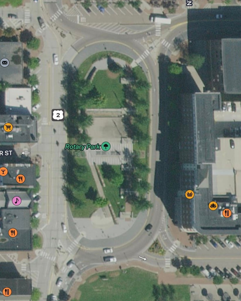Arial view of the roundabout that Winooski Vermont is based on