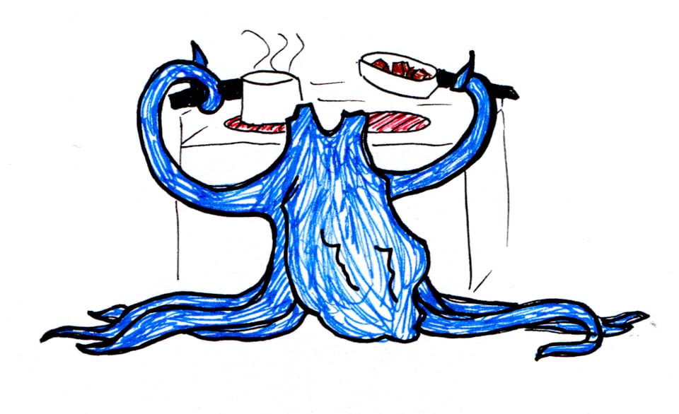 A doodle of a blue octopus seen from the back, "standing" in front of a stove holding a pot in one arm and a pan in another.